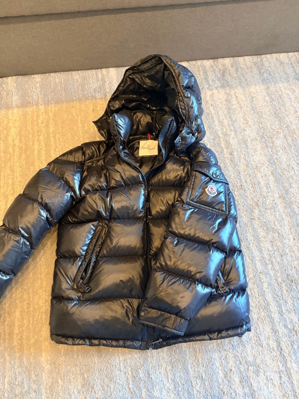 Moncler Women’s Shiny Black Quilted Puffer Coat with Hood